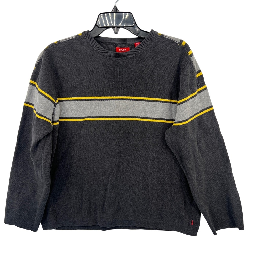 IZOD Mens Crewneck‎ Sweater Charcoal Gray Yellow Striped Size L Preppy Classic